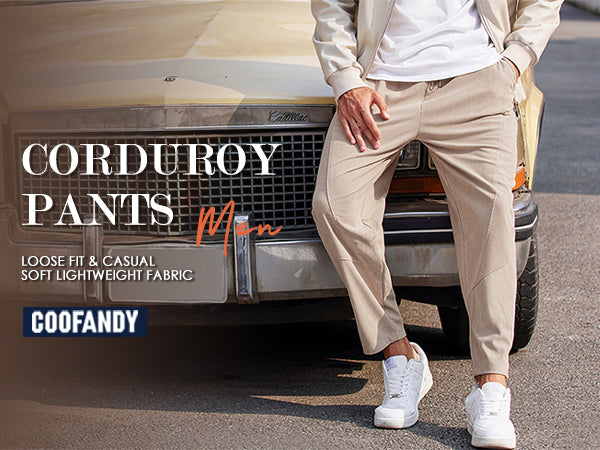 COOFANDY Men's Corduroy Pants Elastic Waist Drawstring Harem Pants Fashion Loose Casual Long Trousers with 4 Pockets