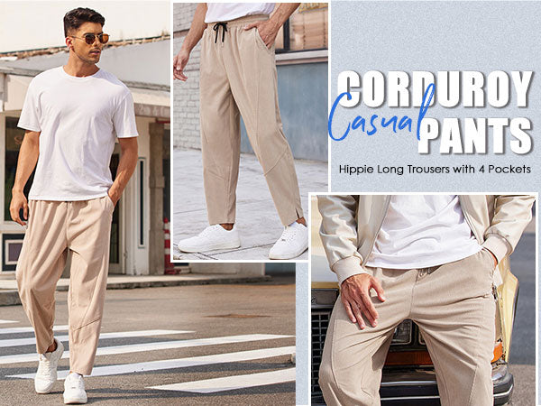 COOFANDY Men's Corduroy Pants Elastic Waist Drawstring Harem Pants Fashion Loose Casual Long Trousers with 4 Pockets