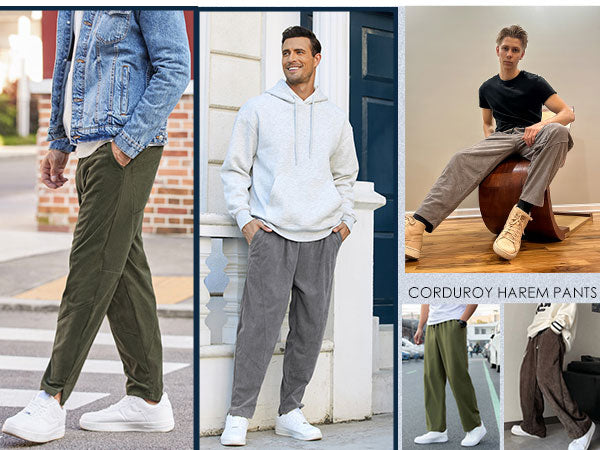 COOFANDY Men's Corduroy Pants Elastic Waist Drawstring Harem Pants Fashion Loose Casual Long Trousers with 4 Pockets