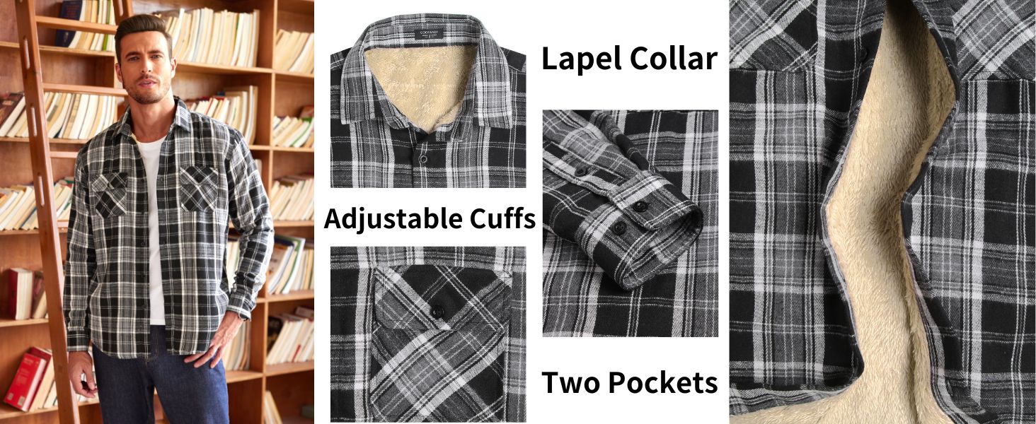 COOFANDY Men's Faux Shearling Lined Flannel Shirt Jacket Long Sleeve Button Up Fleece Plaid Shirts S-XXL