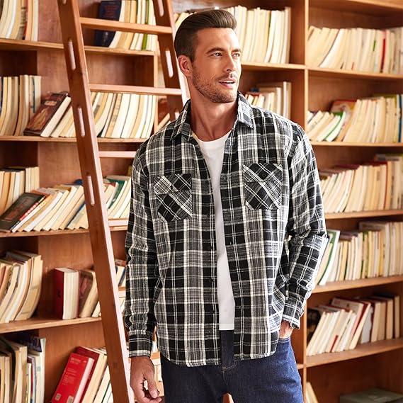 COOFANDY Men's Faux Shearling Lined Flannel Shirt Jacket Long Sleeve Button Up Fleece Plaid Shirts S-XXL