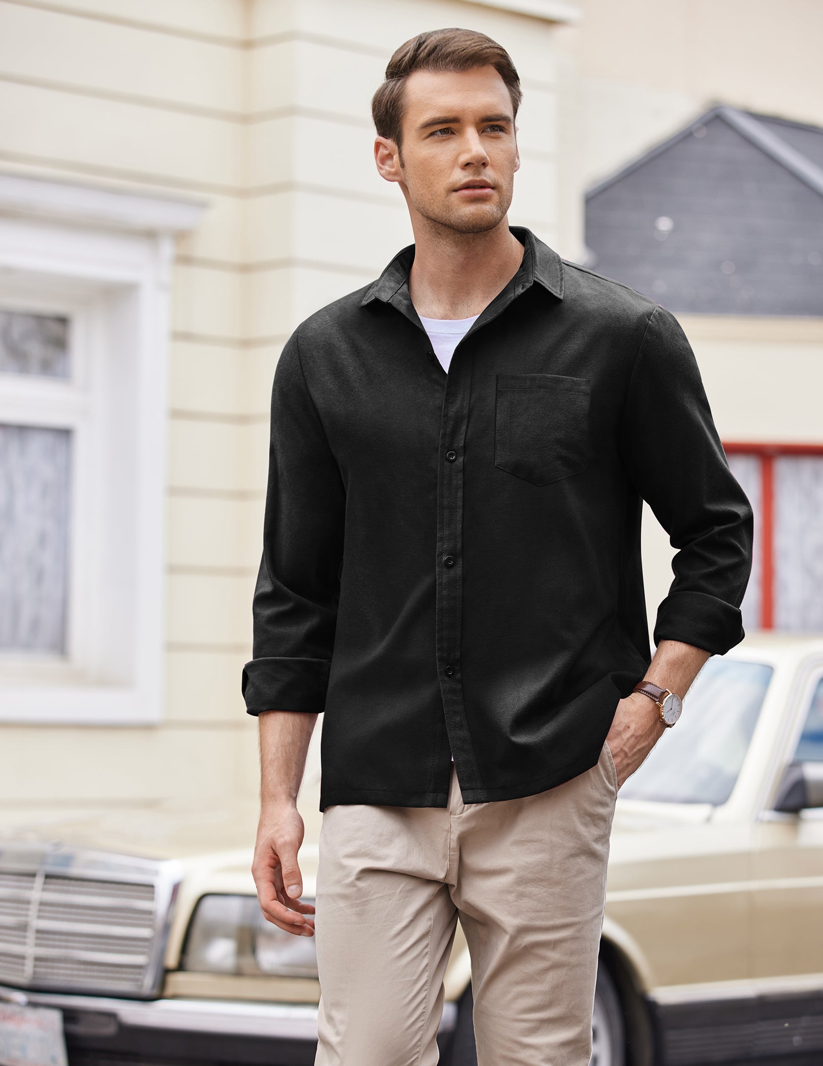 COOFANDY Men's Flannel Shirt Long Sleeve Cotton Button Down Casual Shirt Jacket Black