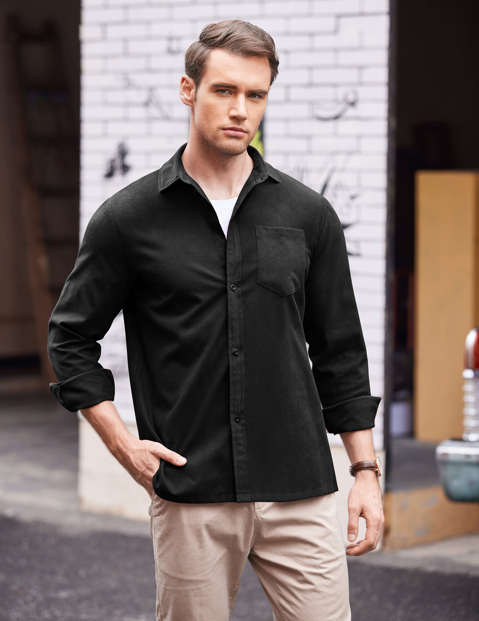 COOFANDY Men's Flannel Shirt Long Sleeve Cotton Button Down Casual Shirt Jacket Black