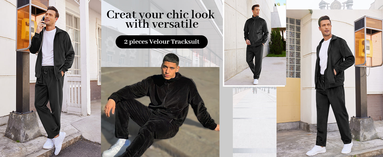 COOFANDY Mens 2 Piece Velour Tracksuit Full Zip Jackets Pants Velvet Jogging Suits Sweatsuit Set S-XXL