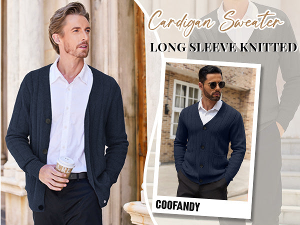 COOFANDY Men's Cardigan Sweater Cable Knit V Neck Button up Sweaters Ribbed Cardigan Sweater with Pockets