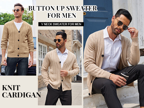 COOFANDY Men's Cardigan Sweater Cable Knit V Neck Button up Sweaters Ribbed Cardigan Sweater with Pockets