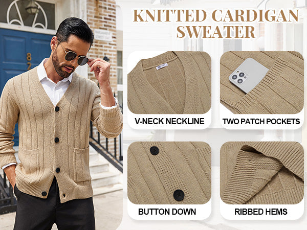 COOFANDY Men's Cardigan Sweater Cable Knit V Neck Button up Sweaters Ribbed Cardigan Sweater with Pockets