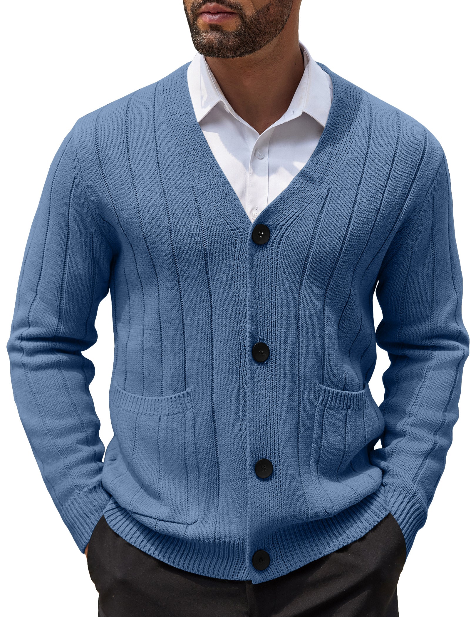 COOFANDY Men's Cardigan Sweater Cable Knit V Neck Button up Sweaters Ribbed Cardigan Sweater with Pockets