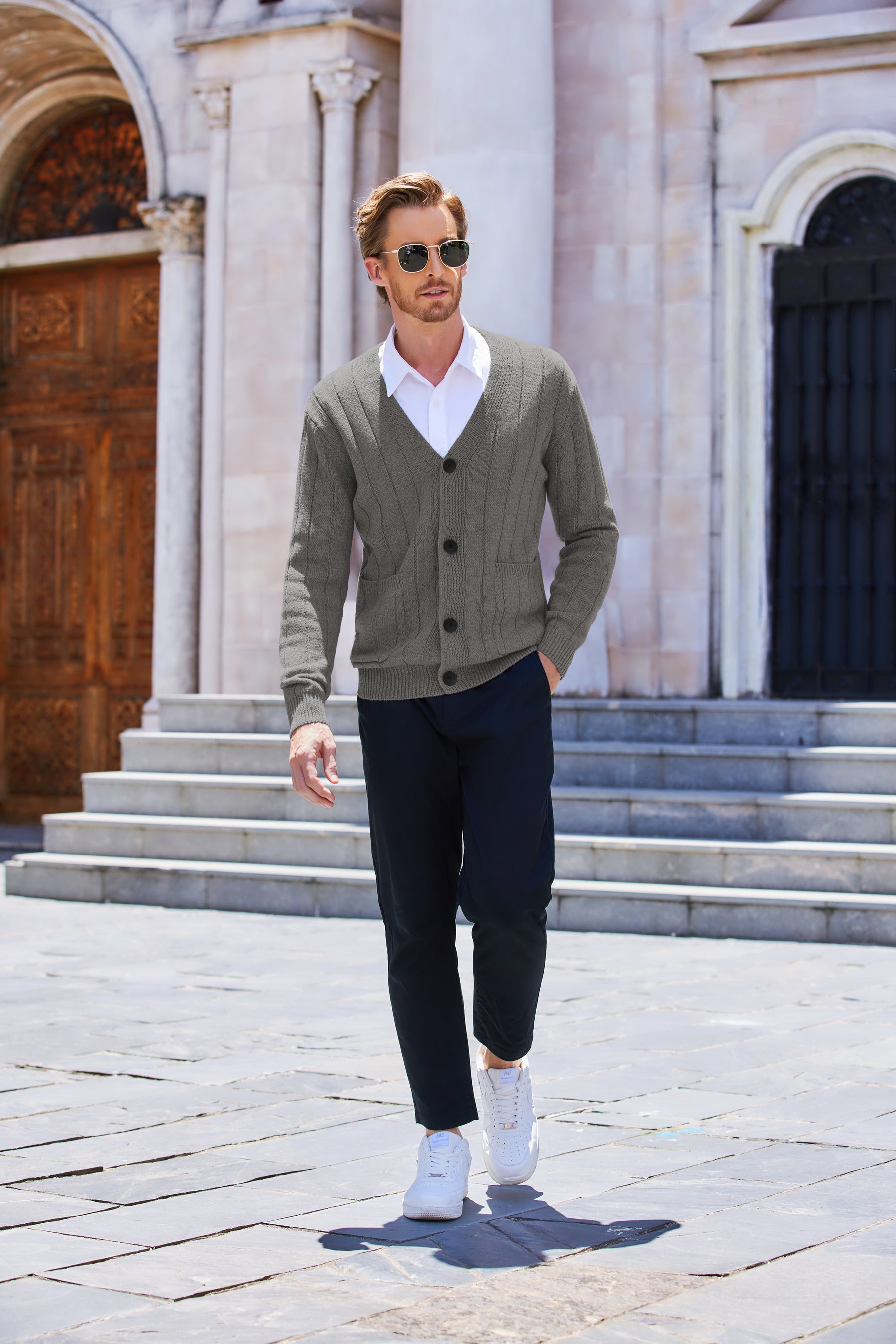 COOFANDY Men's Cardigan Sweater Cable Knit V Neck Button up Sweaters Ribbed Cardigan Sweater with Pockets