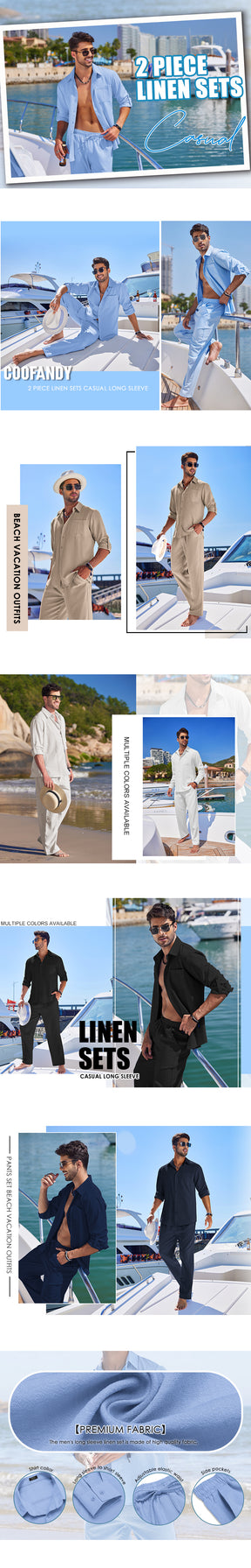 COOFANDY Mens 2 Piece Long Sleeve Button Down Cuban Shirt and Pants Set Summer Beach Set Outfits