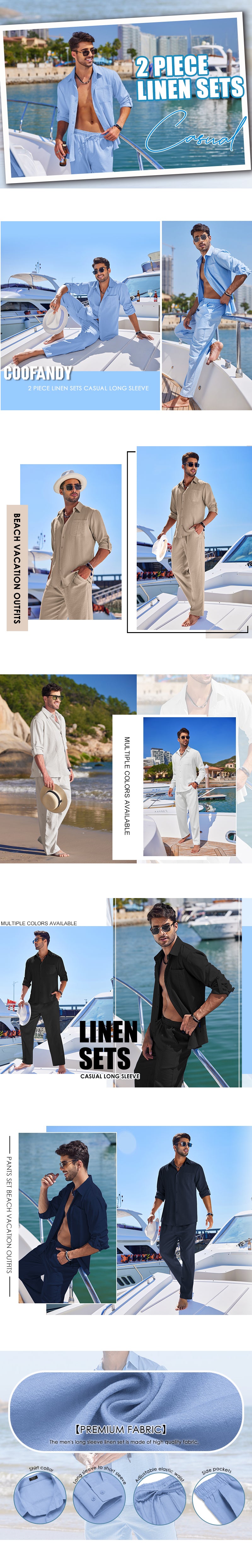 COOFANDY Mens 2 Piece Long Sleeve Button Down Cuban Shirt and Pants Set Summer Beach Set Outfits