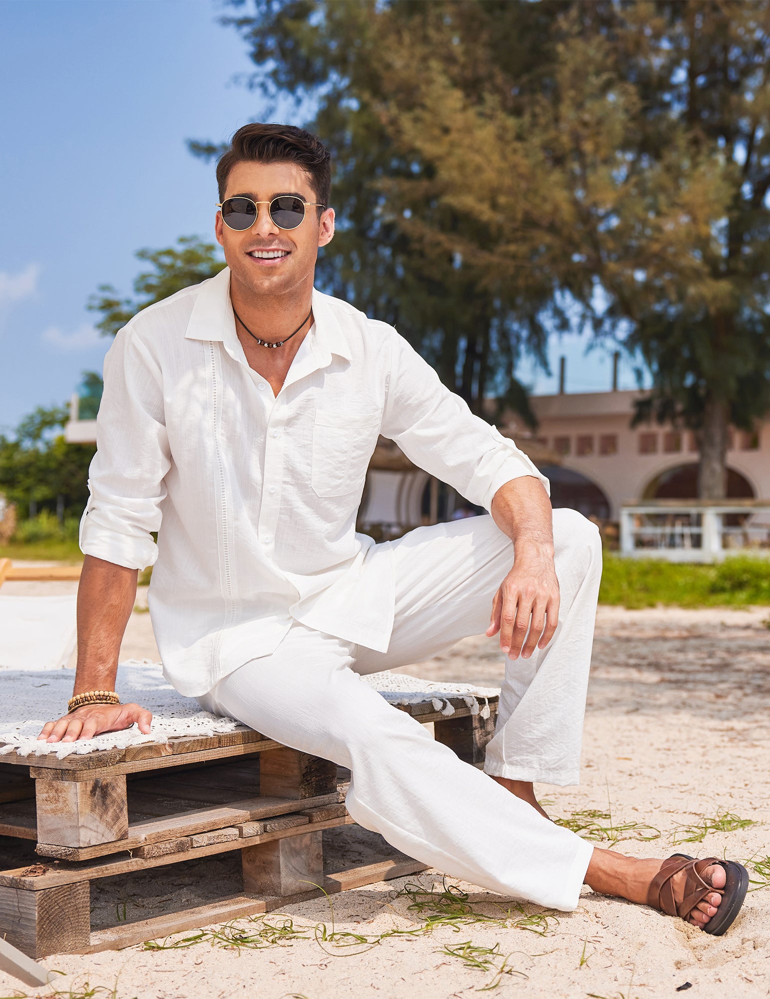 COOFANDY Mens 2 Piece Long Sleeve Button Down Cuban Shirt and Pants Set Summer Beach Set Outfits