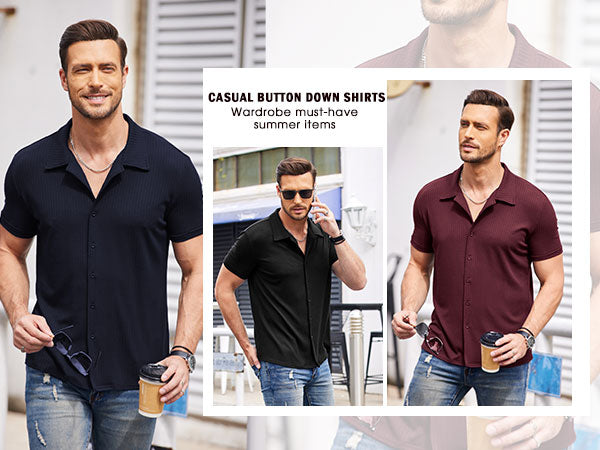 COOFANDY Mens Knit Button Down Short Sleeve Button Up Shirt Summer Casual Beach Tops