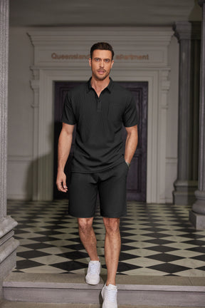 COOFANDY Men's Waffle Knit Polo Shirt and Shorts Set 2 Pieces Outfits Summer Suit Casual Tracksuit with Pockets