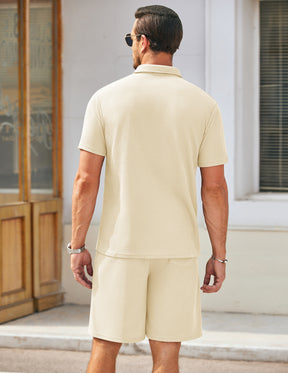 COOFANDY Men's Waffle Knit Polo Shirt and Shorts Set 2 Pieces Outfits Summer Suit Casual Tracksuit with Pockets