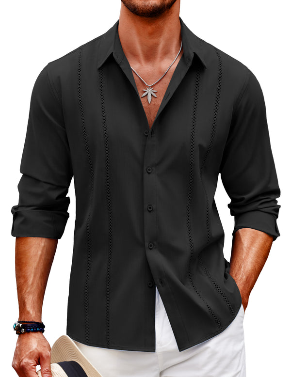 COOFANDY Mens Cuban Guayabera Shirt Casual Button Down Shirts Long Sleeve Summer Beach Shirts
