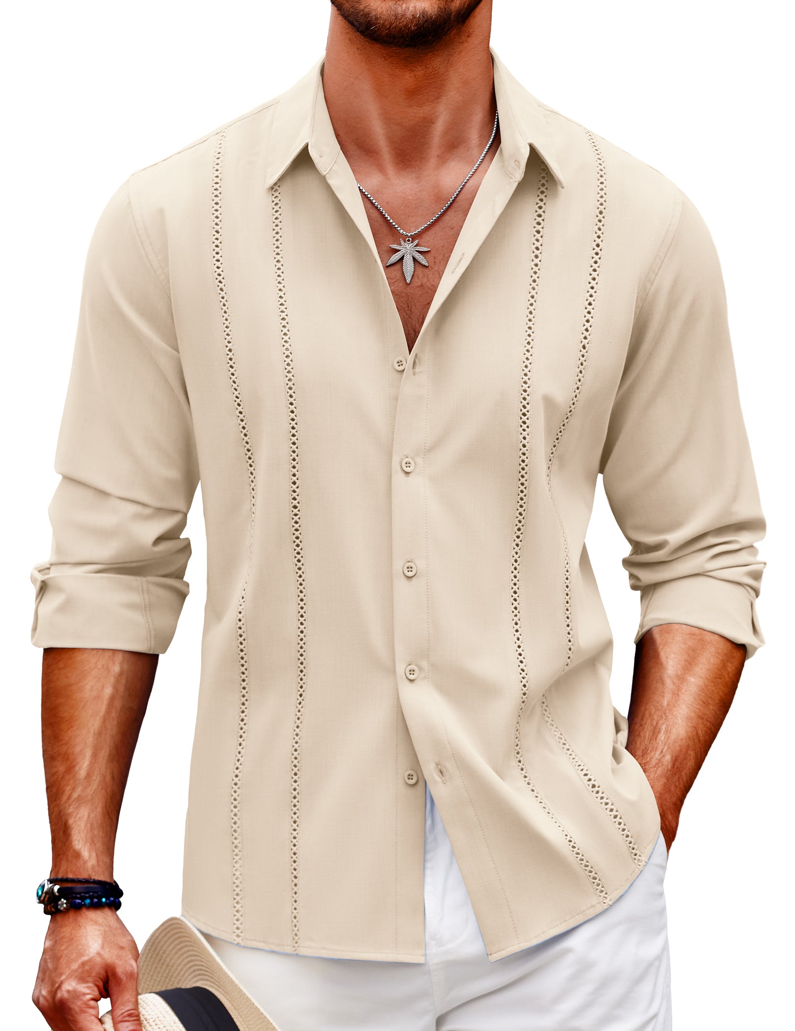COOFANDY Mens Cuban Guayabera Shirt Casual Button Down Shirts Long Sleeve Summer Beach Shirts