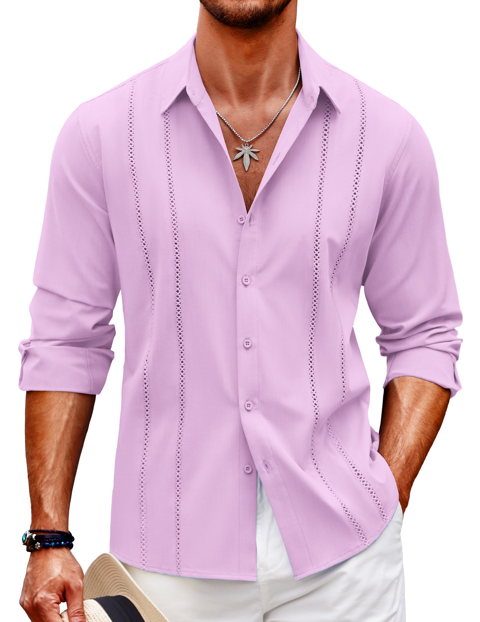 COOFANDY Mens Cuban Guayabera Shirt Casual Button Down Shirts Long Sleeve Summer Beach Shirts