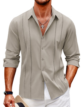 COOFANDY Mens Cuban Guayabera Shirt Casual Button Down Shirts Long Sleeve Summer Beach Shirts