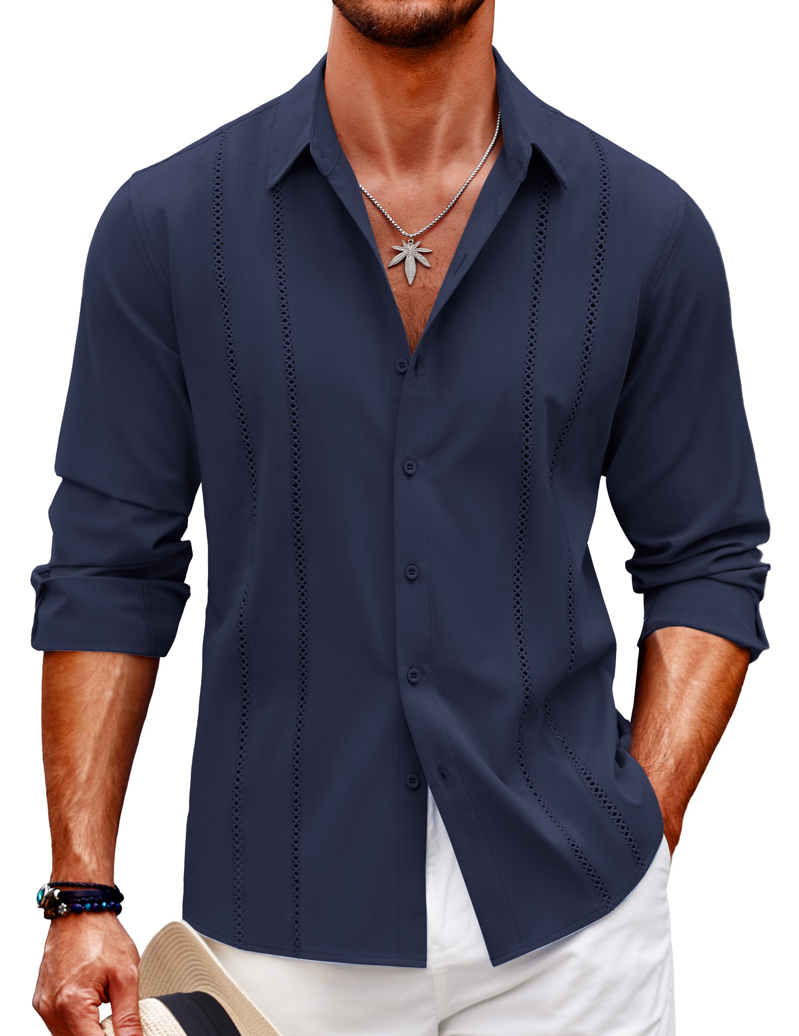 COOFANDY Mens Cuban Guayabera Shirt Casual Button Down Shirts Long Sleeve Summer Beach Shirts
