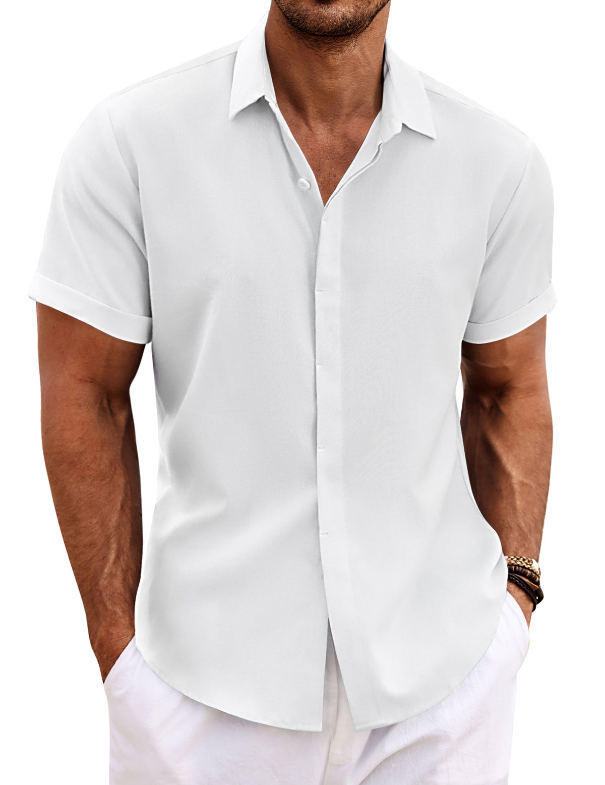 COOFANDY Men's Linen Short Sleeve Casual Button Down Shirt