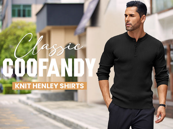 COOFANDY Mens Knit Henley Sweater Long Sleeve Button Down Lightweight Sweater Fall Slim Fit Ribbed Pullover