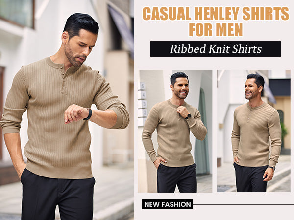 COOFANDY Mens Knit Henley Sweater Long Sleeve Button Down Lightweight Sweater Fall Slim Fit Ribbed Pullover