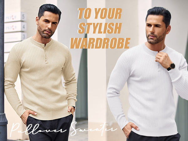 COOFANDY Mens Knit Henley Sweater Long Sleeve Button Down Lightweight Sweater Fall Slim Fit Ribbed Pullover