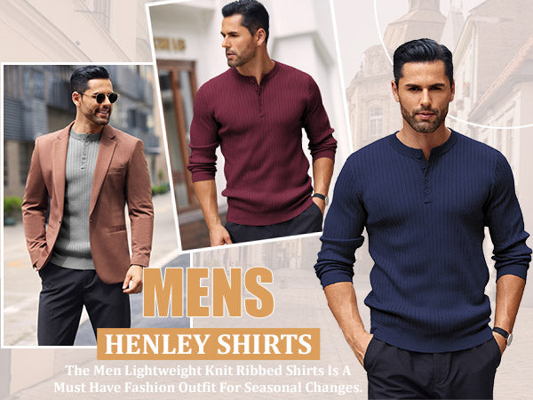 COOFANDY Mens Knit Henley Sweater Long Sleeve Button Down Lightweight Sweater Fall Slim Fit Ribbed Pullover