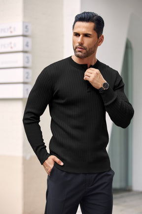 COOFANDY Mens Knit Henley Sweater Long Sleeve Button Down Lightweight Sweater Fall Slim Fit Ribbed Pullover