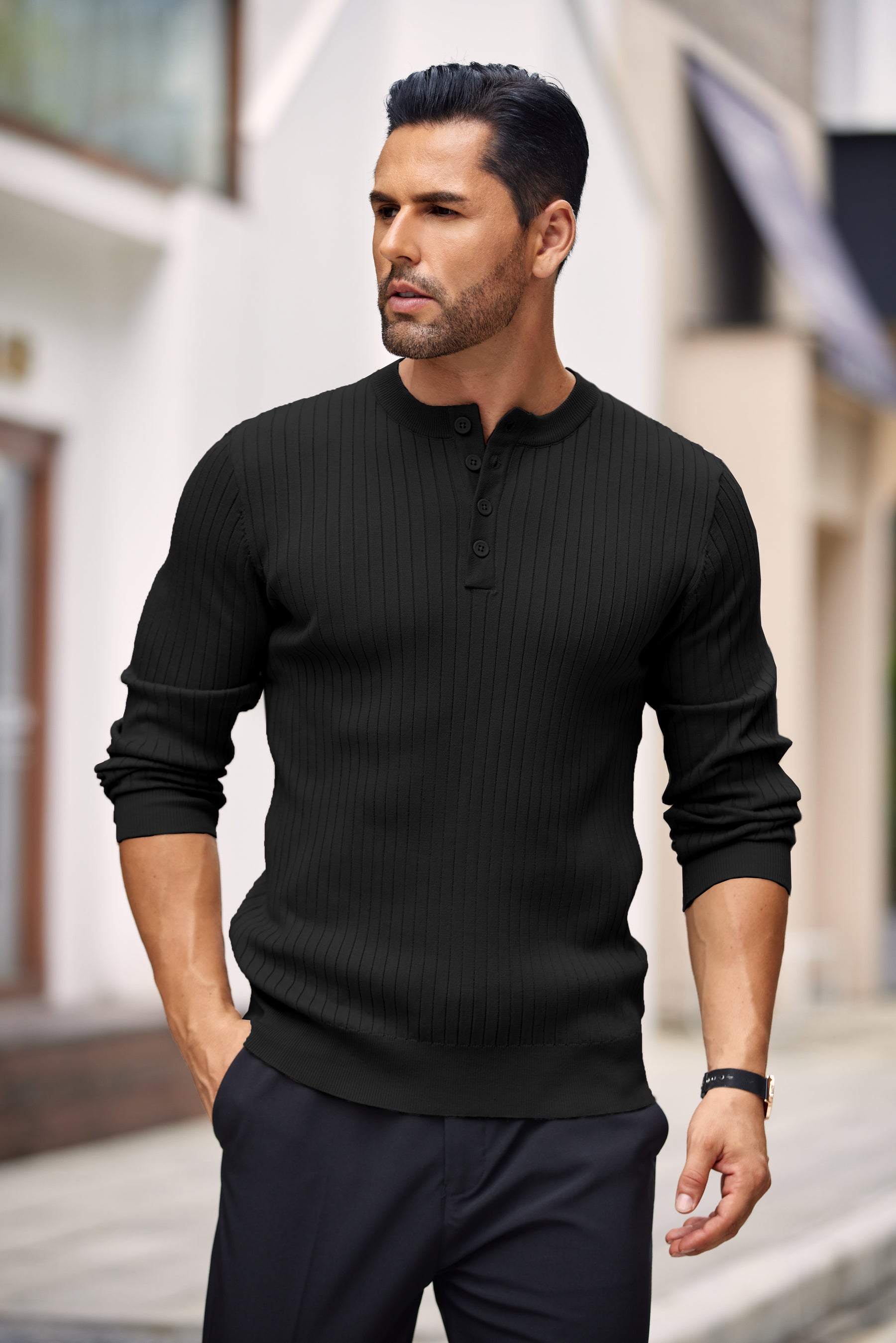 COOFANDY Mens Knit Henley Sweater Long Sleeve Button Down Lightweight Sweater Fall Slim Fit Ribbed Pullover