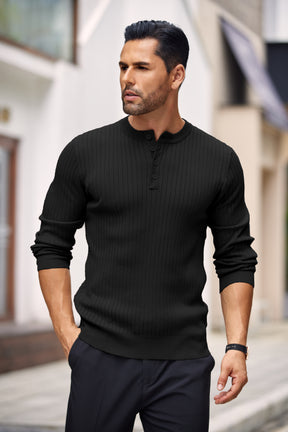 COOFANDY Mens Knit Henley Sweater Long Sleeve Button Down Lightweight Sweater Fall Slim Fit Ribbed Pullover