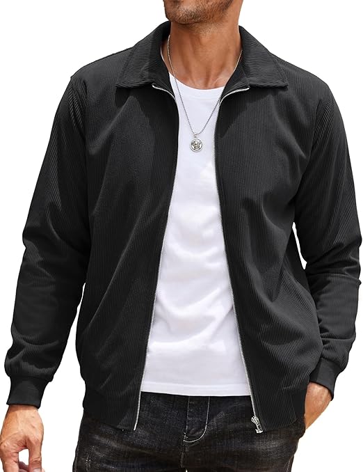 COOFANDY Men's Casual Corduroy Jacket Lightweight Zip Up Vintage Jacket Collared Bomber Jacket S-XXL
