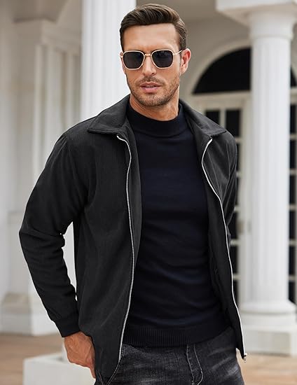 COOFANDY Men's Casual Corduroy Jacket Lightweight Zip Up Vintage Jacket Collared Bomber Jacket S-XXL