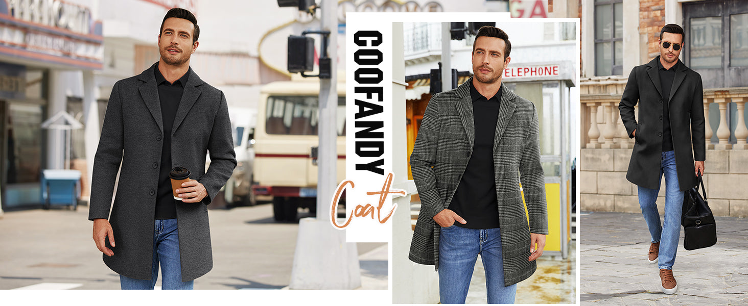 COOFANDY Mens Wool Blend Coat Winter Trench Coats Notched Lapel Collar Single Breasted Overcoat Classic Peacoat With Pockets S-XXL