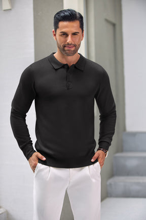 COOFANDY Mens Knit Polo Shirts Casual Long Sleeve Classic Polo Shirts Button Down Golf Shirts
