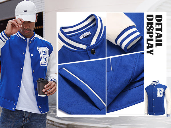 COOFANDY Men's Varsity Jacket Wool Blend Letterman Bomber Jacket Baseball Lightweight Jacket S-XXL