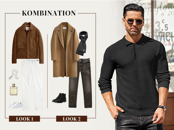 COOFANDY Men's Knit Polo Shirts Long Sleeve Sweater Polo Lightweight Fashion Casual Collared T Shirts