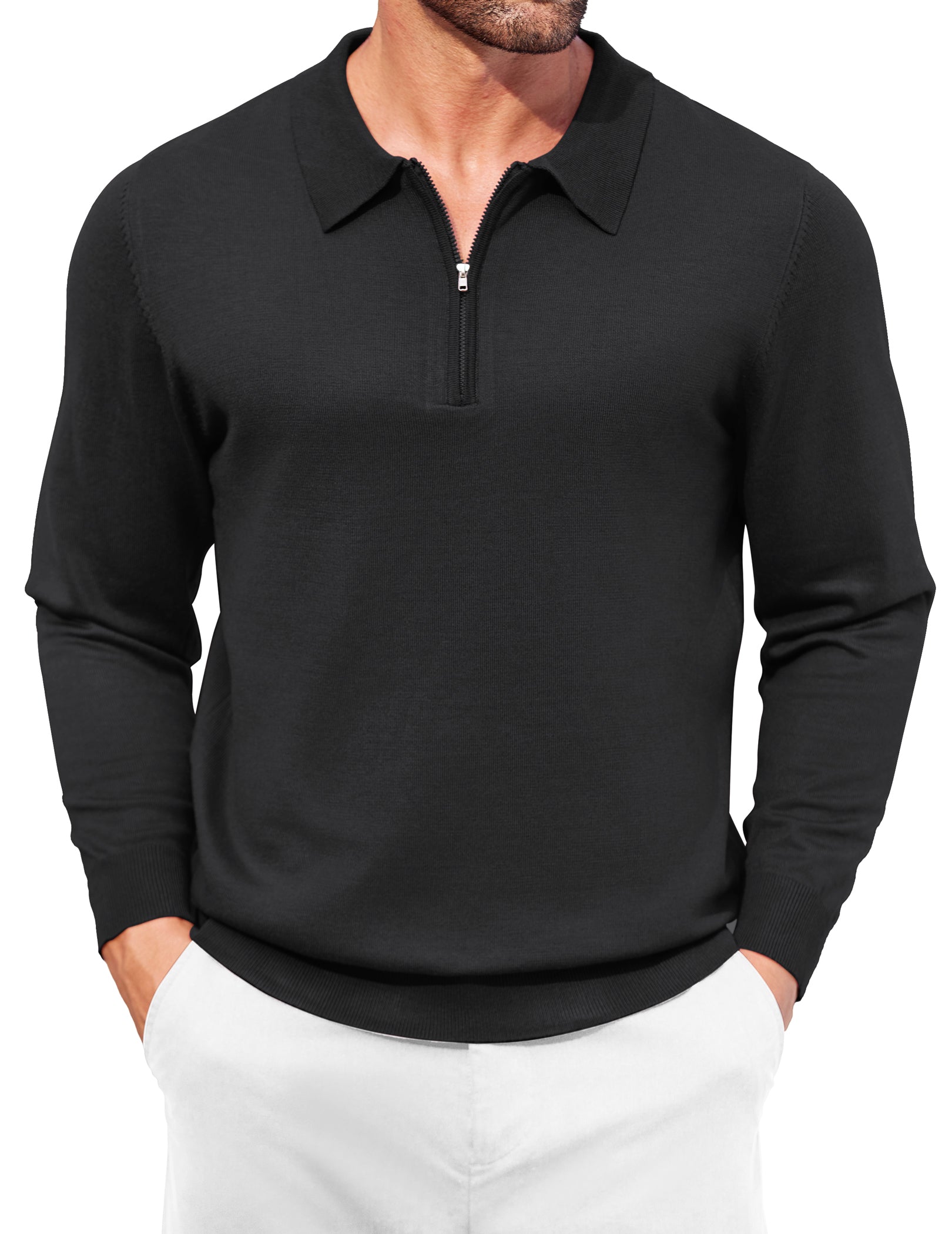 COOFANDY Mens Knit Polo Shirt Quarter Zip Slim Fit Pullover Long Sleeve Sweater Polo