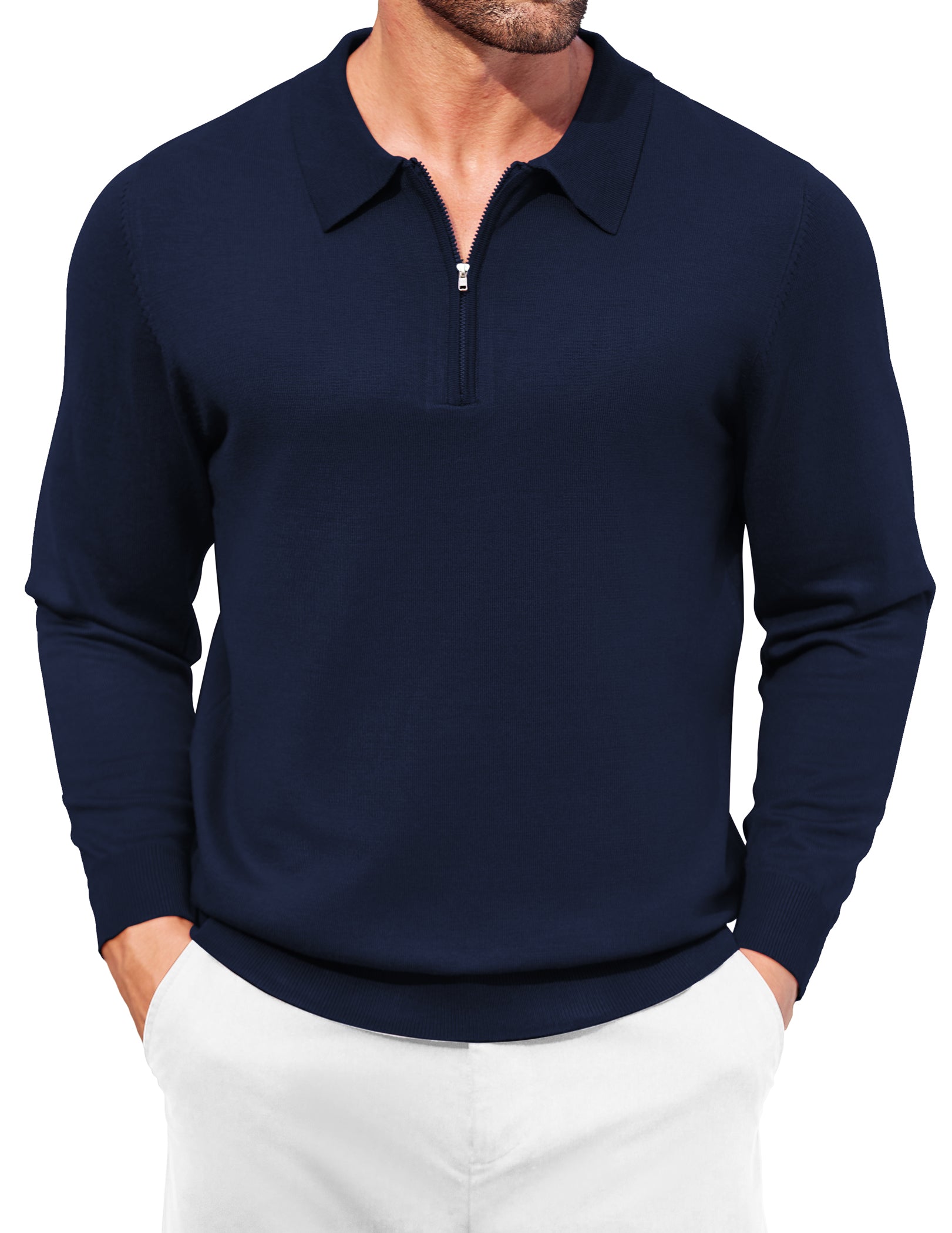 COOFANDY Mens Knit Polo Shirt Quarter Zip Slim Fit Pullover Long Sleeve Sweater Polo