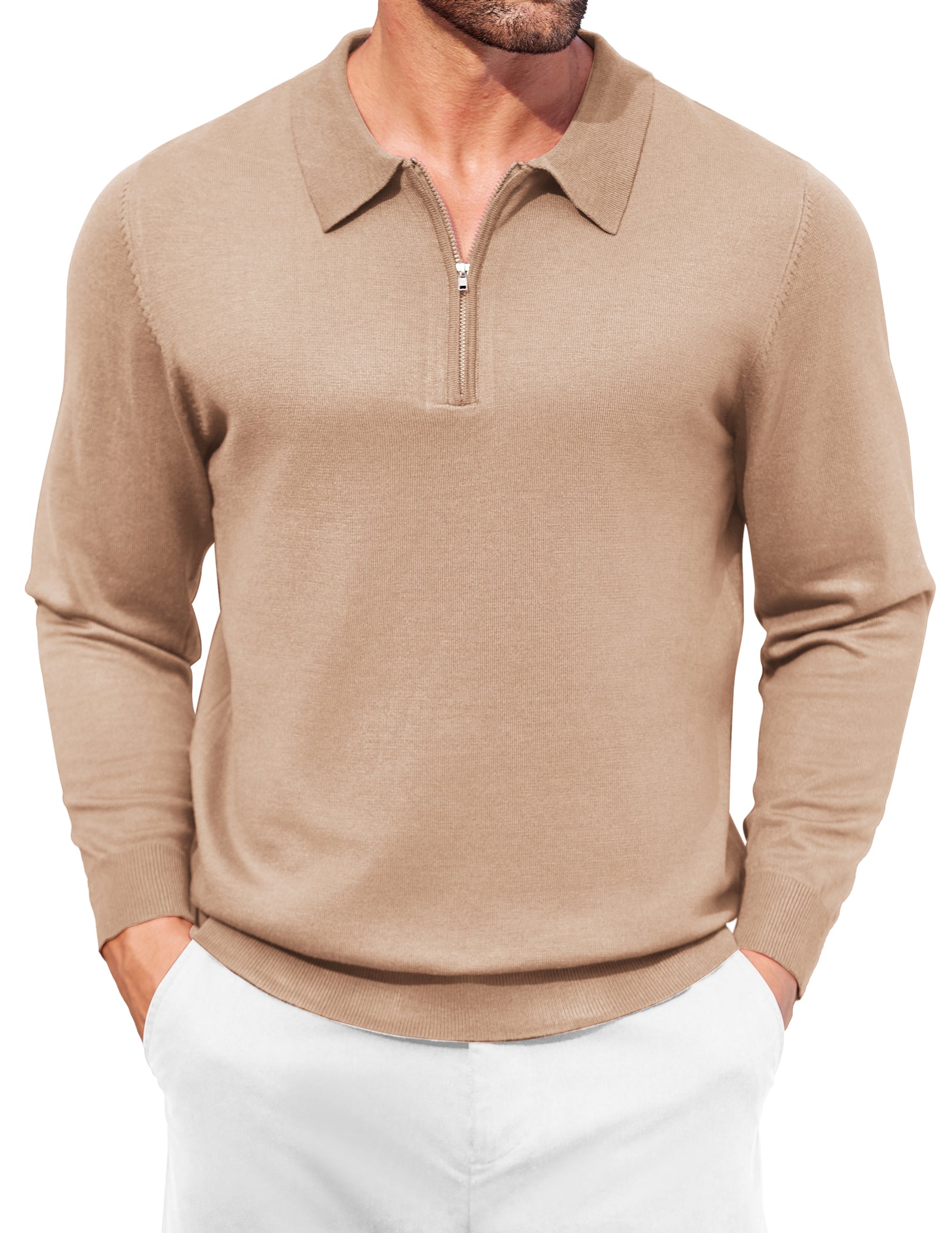 COOFANDY Mens Knit Polo Shirt Quarter Zip Slim Fit Pullover Long Sleeve Sweater Polo