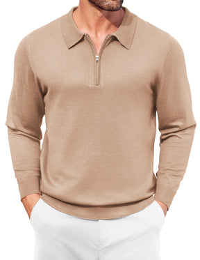 COOFANDY Mens Knit Polo Shirt Quarter Zip Slim Fit Pullover Long Sleeve Sweater Polo