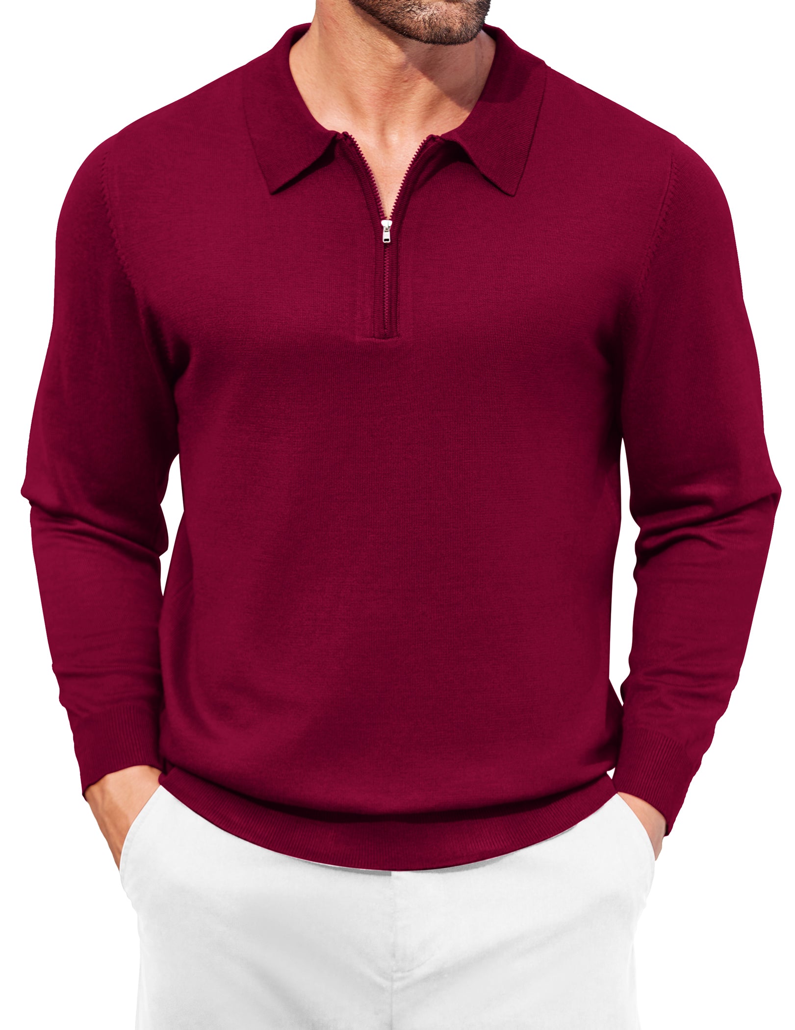 COOFANDY Mens Knit Polo Shirt Quarter Zip Slim Fit Pullover Long Sleeve Sweater Polo