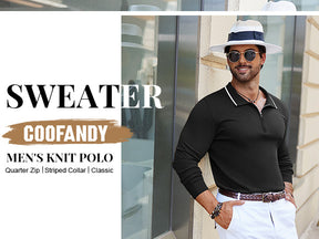 COOFANDY Men's Knit Polo Shirt Long Sleeve Quarter Zip Polo Sweater Casual Golf Shirts Vintage Striped Collar Polo