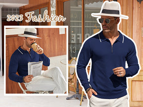 COOFANDY Men's Knit Polo Shirt Long Sleeve Quarter Zip Polo Sweater Casual Golf Shirts Vintage Striped Collar Polo
