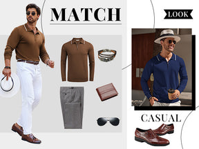 COOFANDY Men's Knit Polo Shirt Long Sleeve Quarter Zip Polo Sweater Casual Golf Shirts Vintage Striped Collar Polo