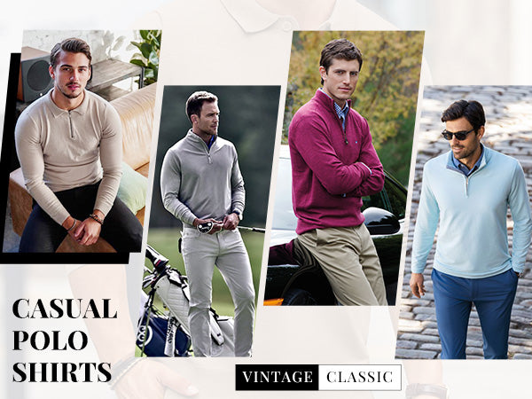 COOFANDY Men's Knit Polo Shirt Long Sleeve Quarter Zip Polo Sweater Casual Golf Shirts Vintage Striped Collar Polo
