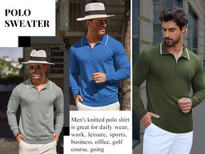 COOFANDY Men's Knit Polo Shirt Long Sleeve Quarter Zip Polo Sweater Casual Golf Shirts Vintage Striped Collar Polo