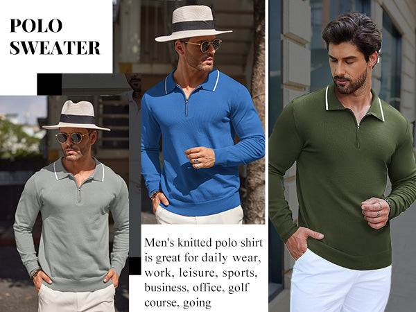 COOFANDY Men's Knit Polo Shirt Long Sleeve Quarter Zip Polo Sweater Casual Golf Shirts Vintage Striped Collar Polo