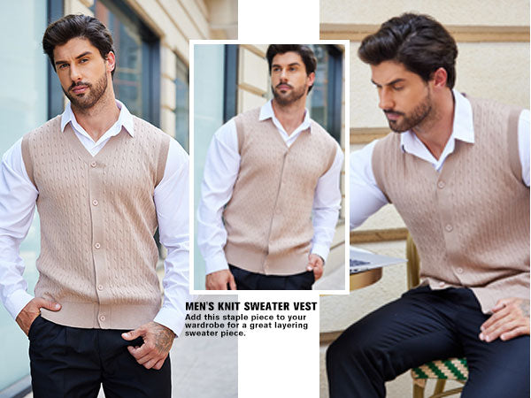 COOFANDY Men's Sleeveless Sweater Vest V-Neck Casual Cable Knit Button Down Cardigan Vest
